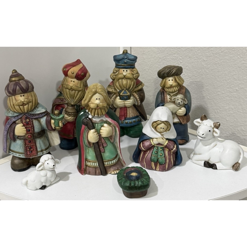 Vintage 1995 Holiday Workshop 9 Pc Nativity Set Handpainted Porcelain In Box